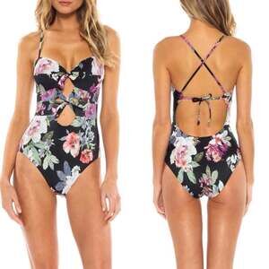 BECCA Spring Fling One Piece Swimsuit Womens M Black Floral Cutout Cross Back